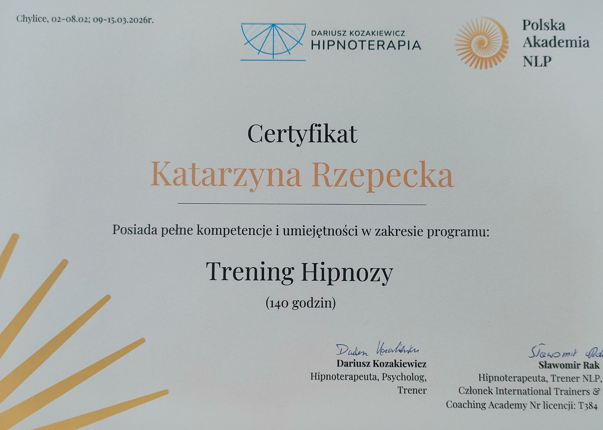 Certyfikat Katarzyny Rzepeckiej — Trening Hipnozy, 140 godzin
