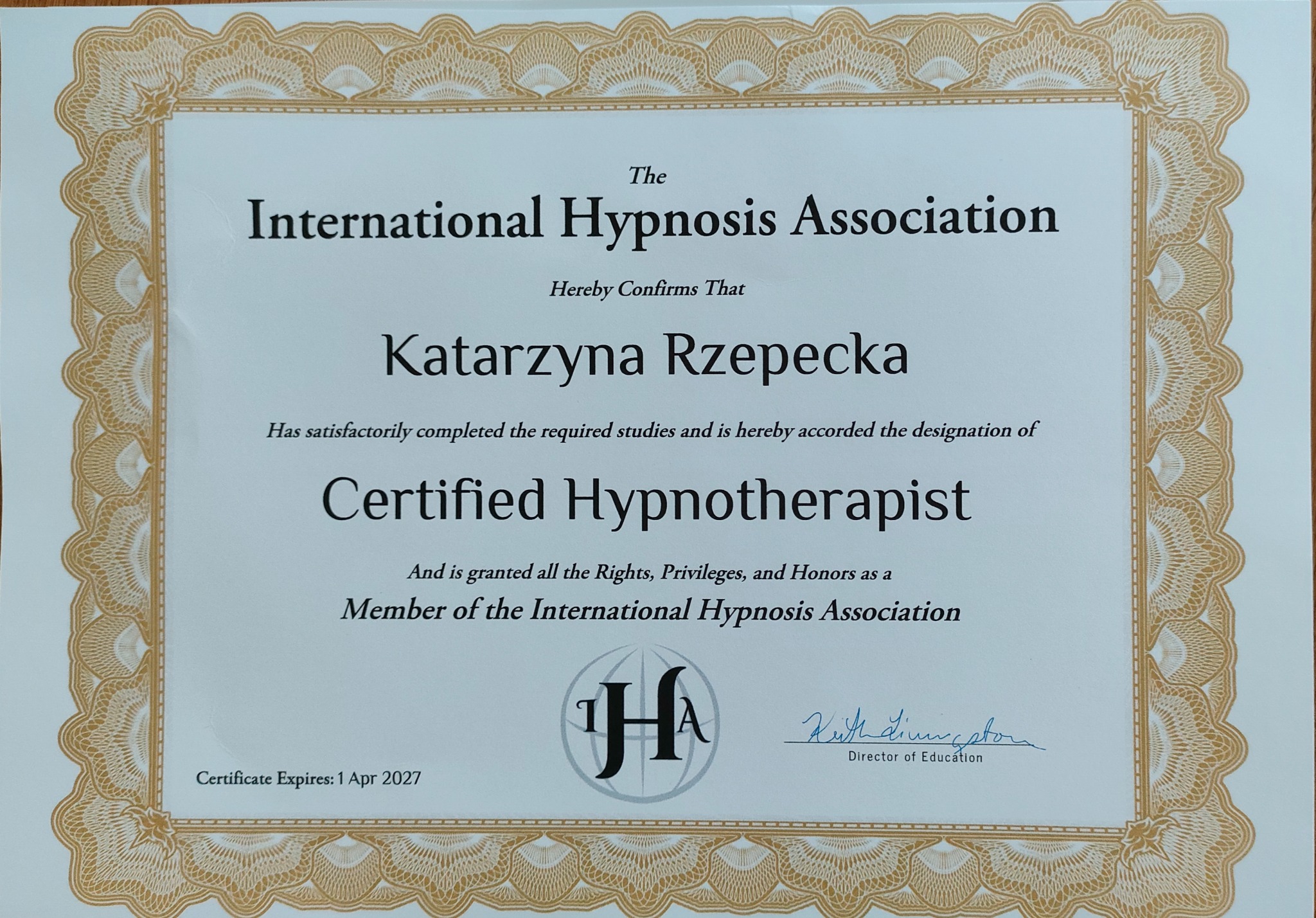 International Hypnosis Association — Certified Hypnotherapist