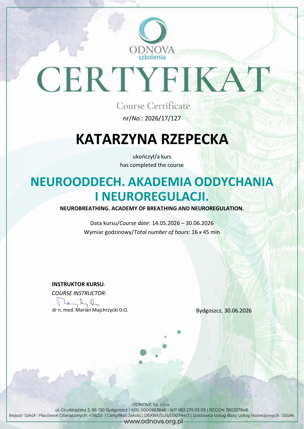 Certyfikat Neurooddech Akademia Oddychania i Neuroregulacji