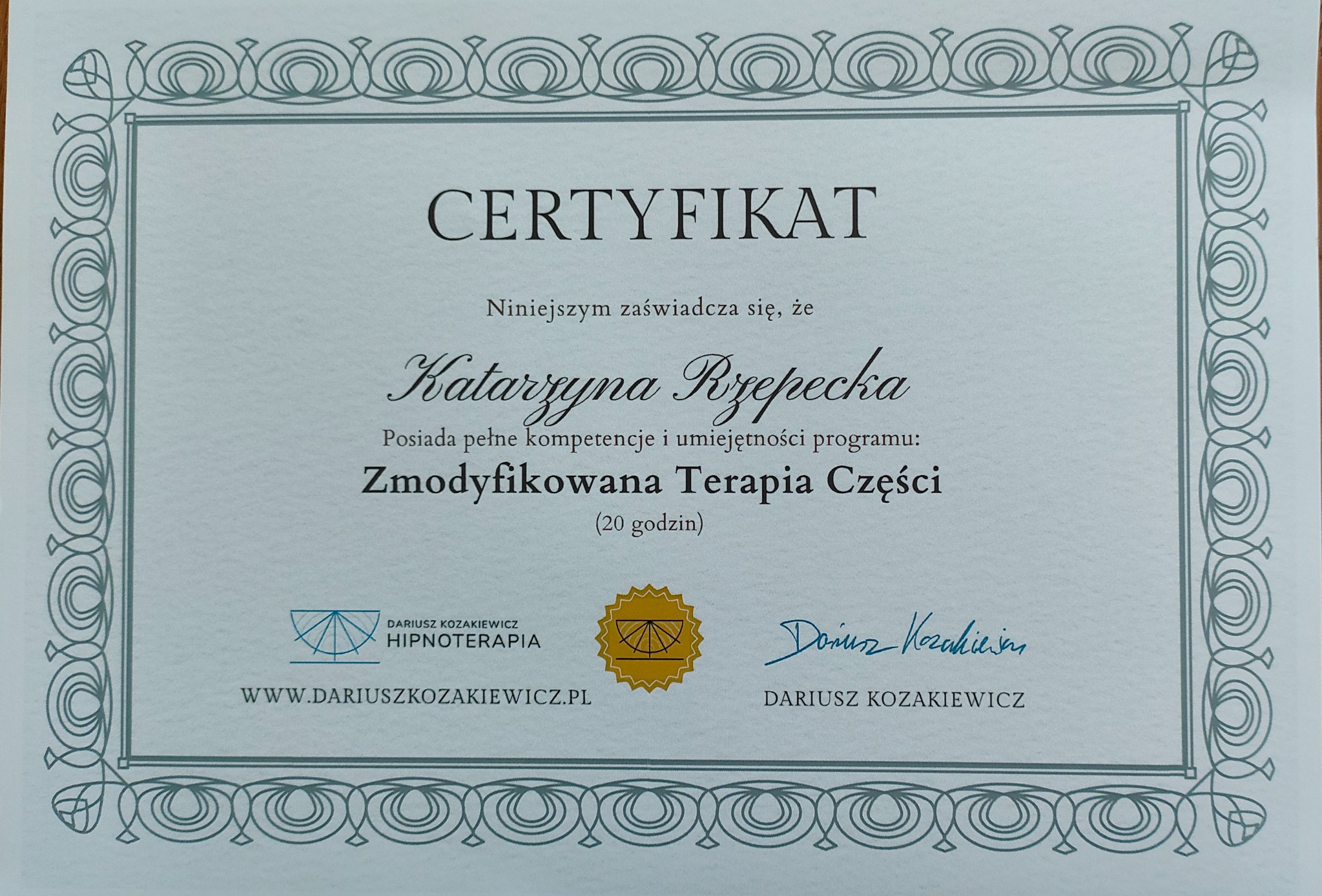 Certyfikat Zmodyfikowana Terapia Części